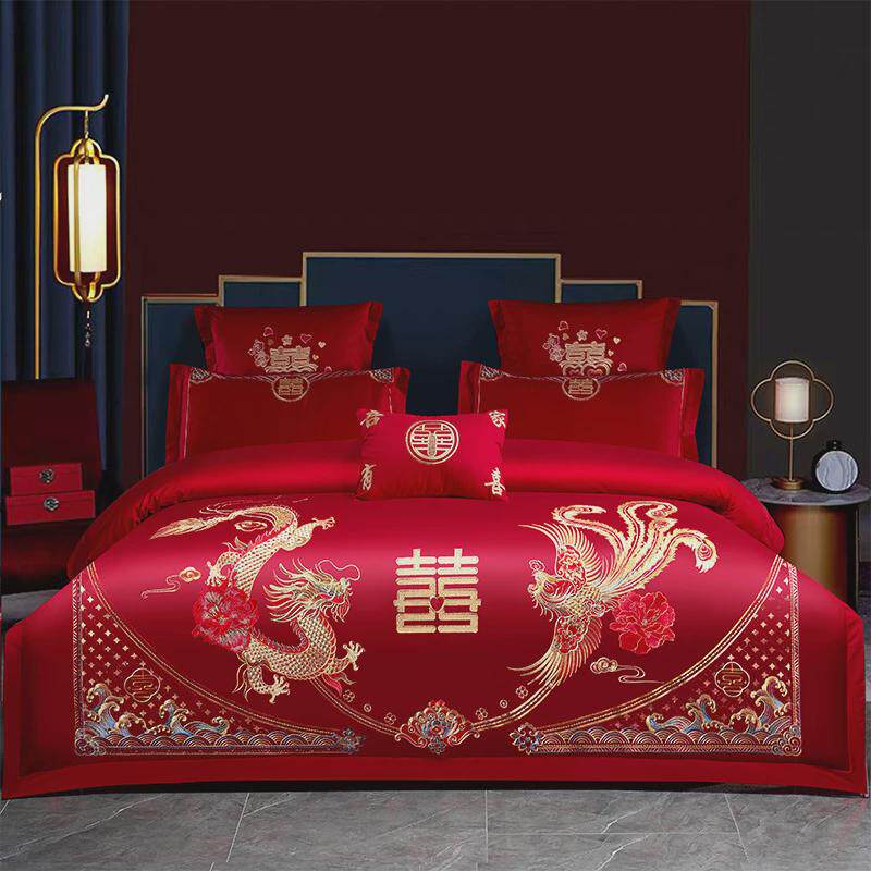 结婚四件套婚庆婚房喜被大红色龙凤刺绣被套被单婚礼床单床上用品