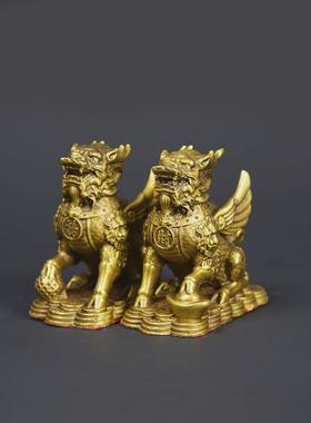 宏达全黄铜踏球财福麒麟家居玄关铜麒麟铜器礼品摆件