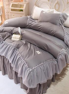 z655床单被套床上冰丝四件套夏季纯色蕾丝边少女心床裙式公主风床