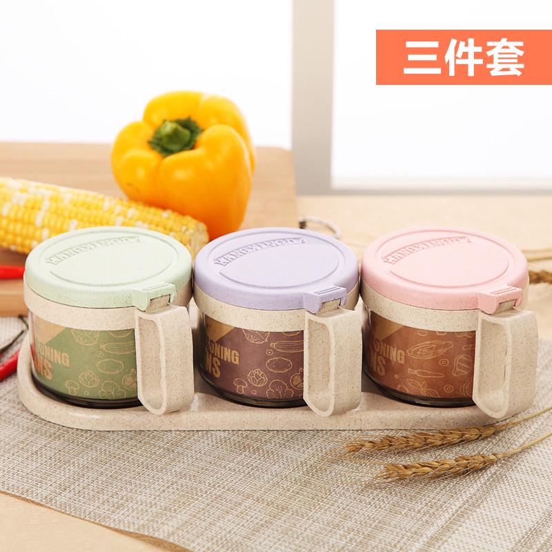小麦秆厨房用品玻璃调料盒盐罐家用佐料味精收纳盒家用调料盒套装