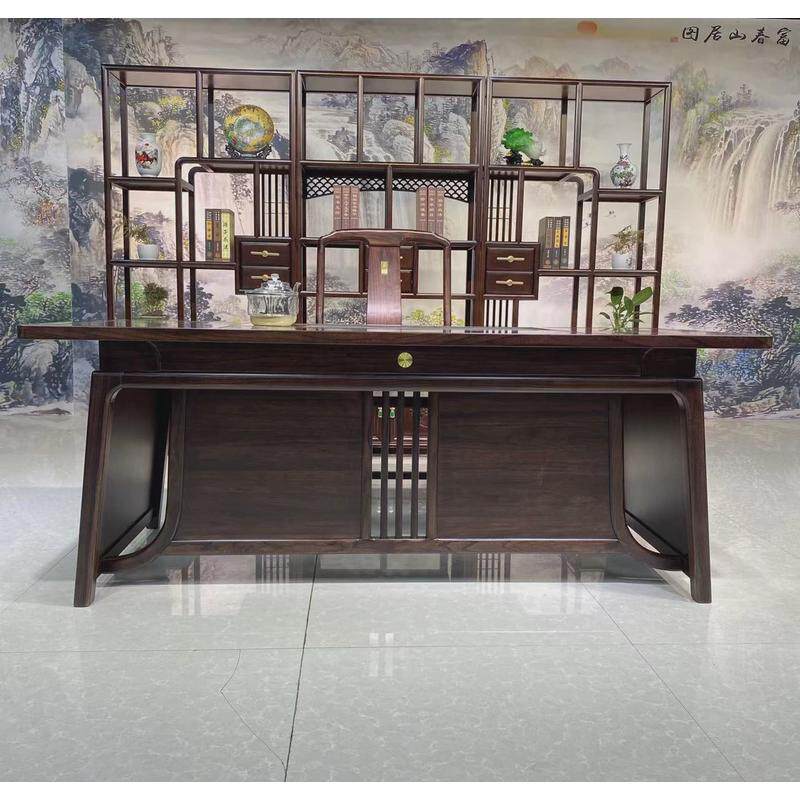 新中式乌金木茶桌老板办公桌高端茶桌一体两用实木茶几茶台一整套