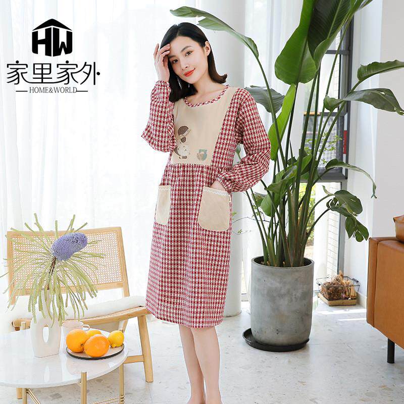 9qxc厨房围裙家用长袖成人加长罩衣女日系可爱时尚防水防油工作服