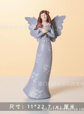 新款跨境树脂天使摆件姐妹轻奢纪念品装饰工艺品精美捧心捧花女孩