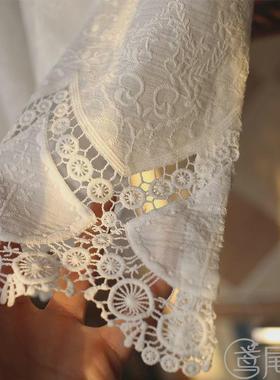 jw美式白色棉布绣花蕾丝免打孔半帘遮挡裙门帘幔头条纹穿杆窗帘遮