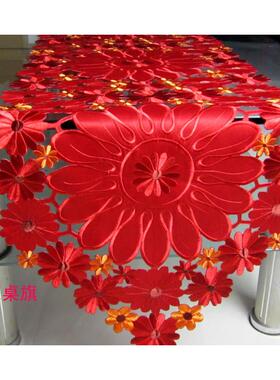 69n刺绣桌旗茶几巾结婚大红色欧式电视柜桌布喜庆盖布餐桌布手工