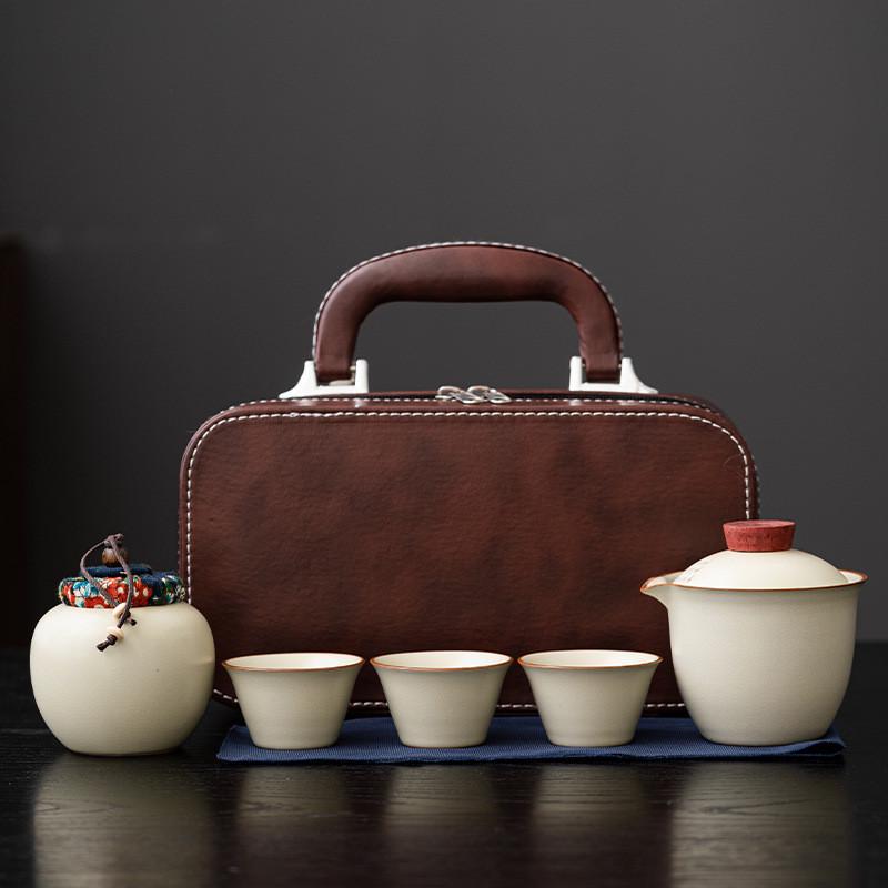 汝窑旅行茶具一壶三杯便捷式户外陶瓷快客杯套装商务活动伴手礼品