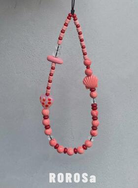 ROROSa原创设计草莓粉手机链粉色贝壳爱心串珠挂绳相机挂饰挂链