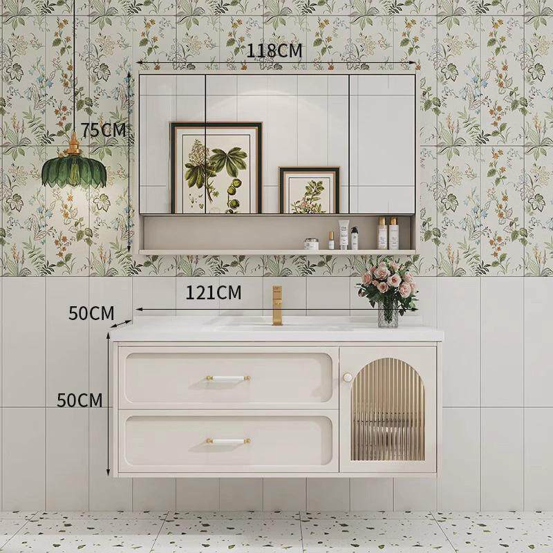 定制智能法式奶油风橡木浴室柜奶白暖色调组合洗漱台陶瓷挂墙式