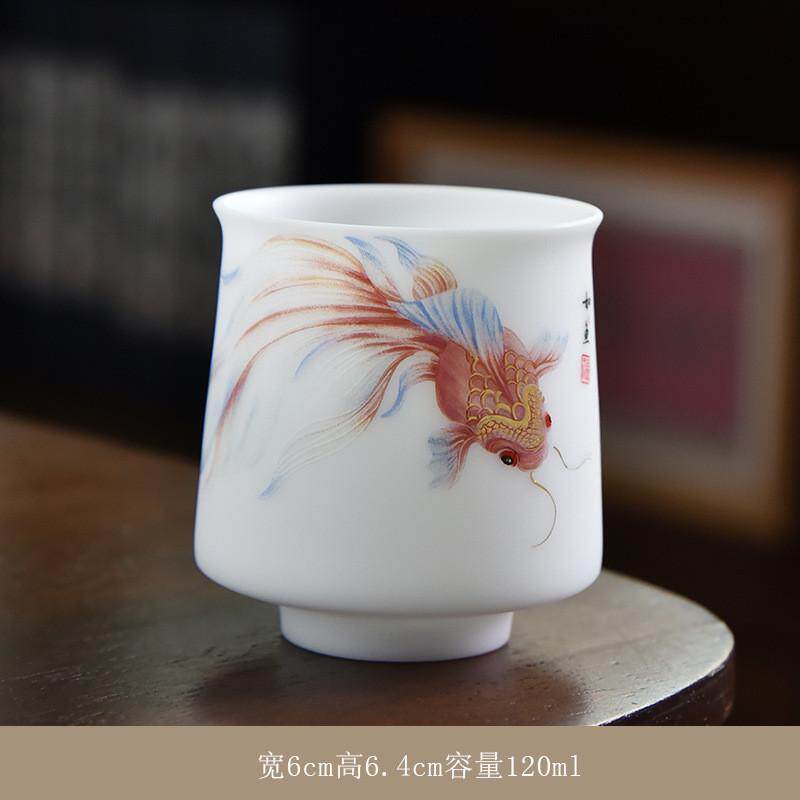 羊脂玉冰种陶瓷手绘如鱼得水主人杯家用大号茶杯山水情侣对杯包邮