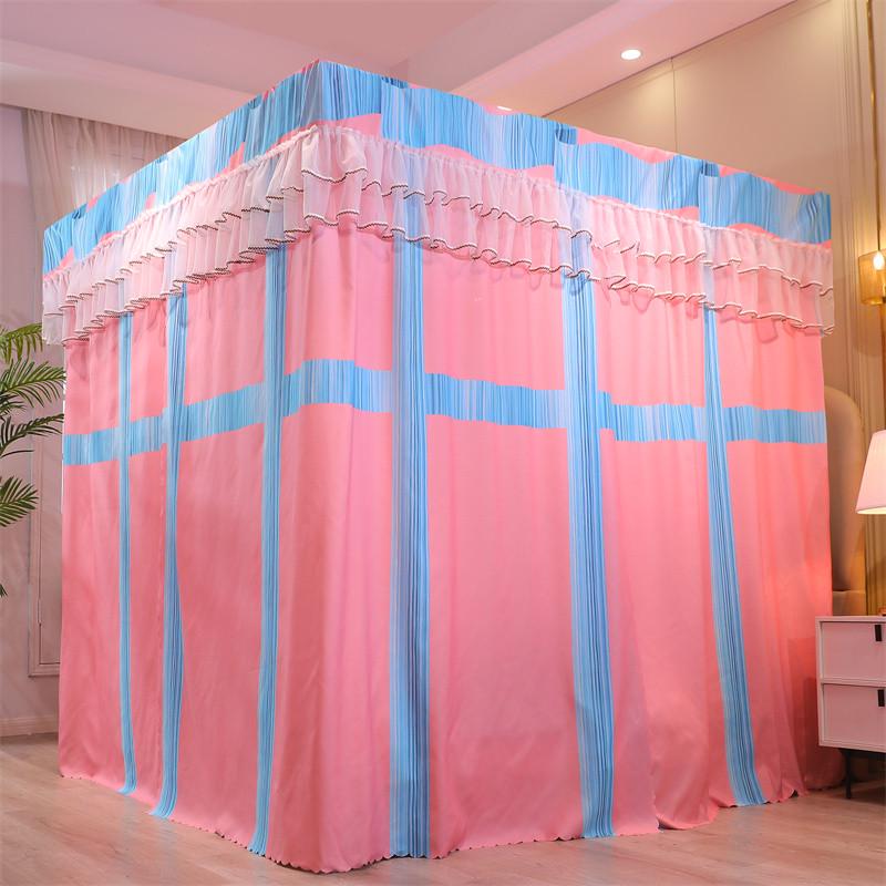 9n加密加厚宫廷落地床帘蚊帐遮光拼色布帘一体式带支架床幔钢防尘