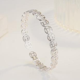 满圈钱币新颖金钱币手镯手环银开口创意镂空钱币银手镯新年礼物