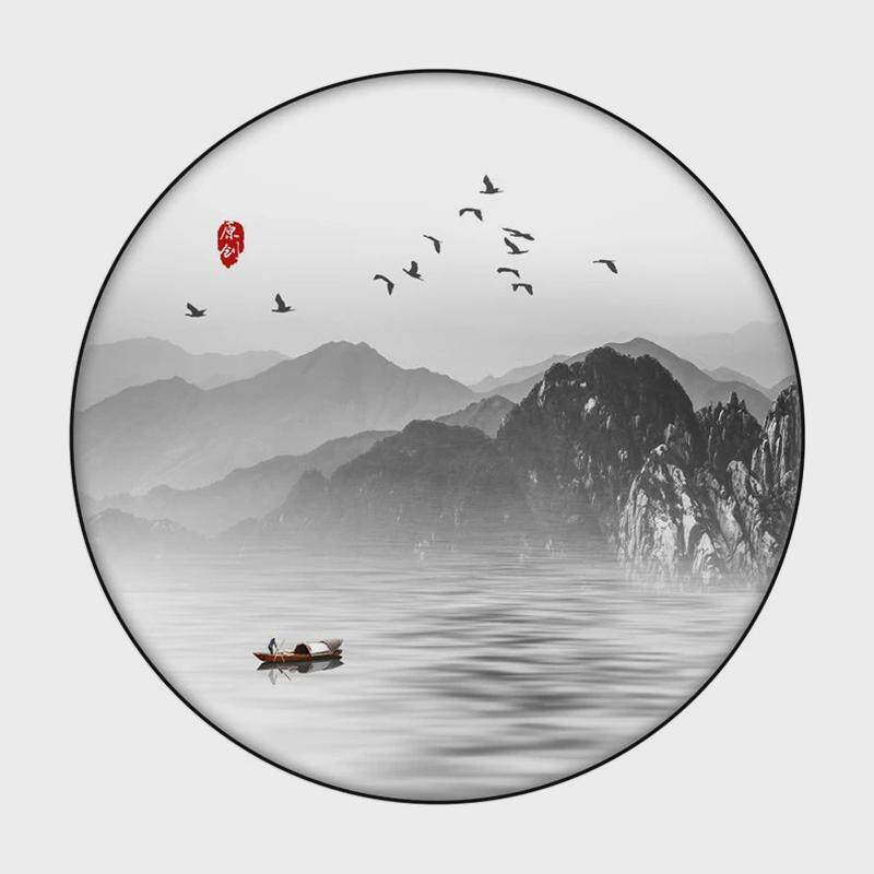 新中式客厅现代简约抽象圆形山水画茶室玄关金属轻奢水墨装饰画