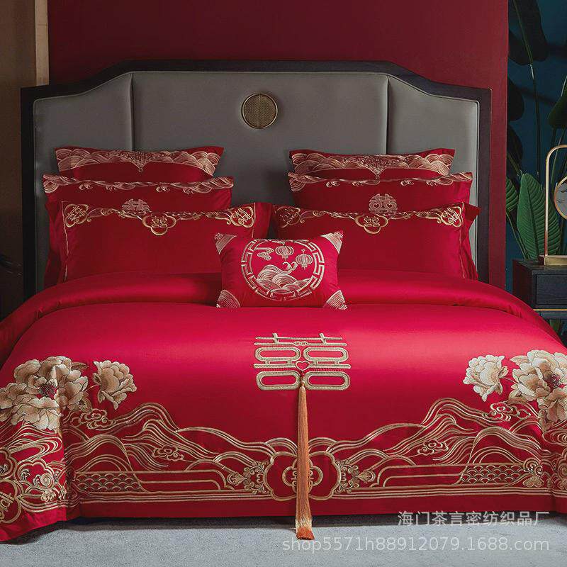 上新100S长绒棉中式精美刺绣婚庆四件套大红婚嫁床上用品套件,床上用品,婚庆床品套件,淘宝优惠券,粉丝福利购,淘宝优惠卷