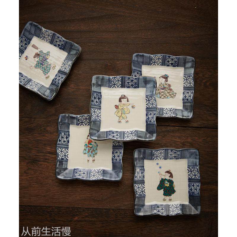 现货日本制九谷烧陶瓷传统和风和服樱女孩花边粥饭碗小钵点心方碟