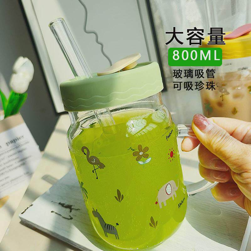 吸管玻璃杯女2024新款牛奶杯带刻度奶茶杯带盖微波炉可加热水杯子