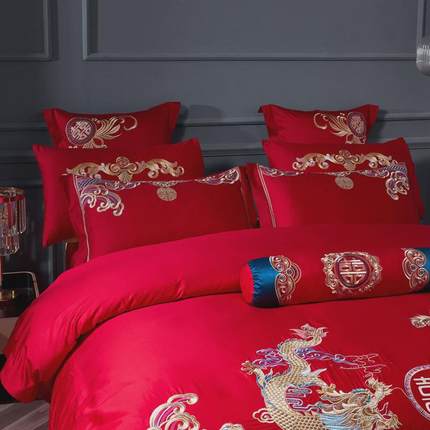 53n结婚四件套纯棉长绒棉龙凤刺绣婚大红被床上用品婚庆套件