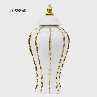 欧式 饰品 陶瓷轻奢将军罐摆件条纹电镀金边家居酒店电视柜玄关装