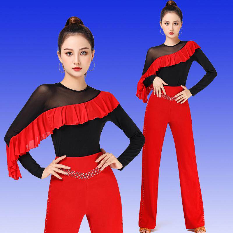 吉特巴舞蹈服新款网纱飞边红黑撞色拉丁舞服装三步踩跳舞服装
