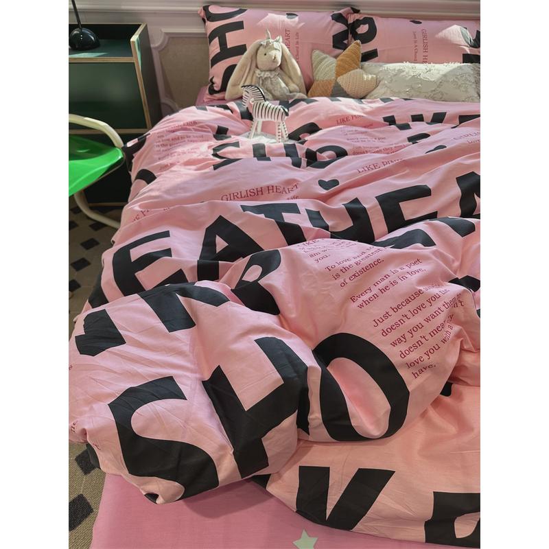 0fe9ins少女心字母床上四件套文艺1.5米被套床单三件套玫红色