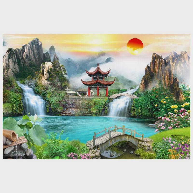 仙家堂口画山水画流水生财小桥亭子仙堂无活动物有山有水风景自粘