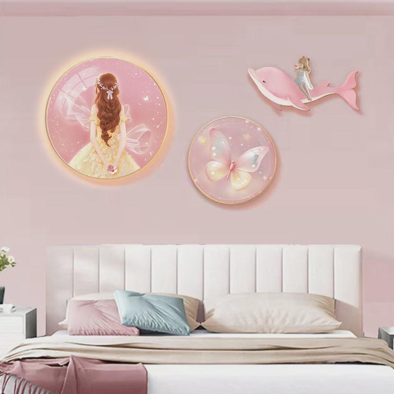 创意灯画儿童房卧室床头装饰画圆形挂画粉色女孩房间布置墙面壁画图片
