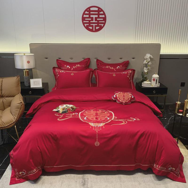 2u8k婚庆公主风结婚纯棉陪嫁红色喜被子一整套全套床上用品四件套