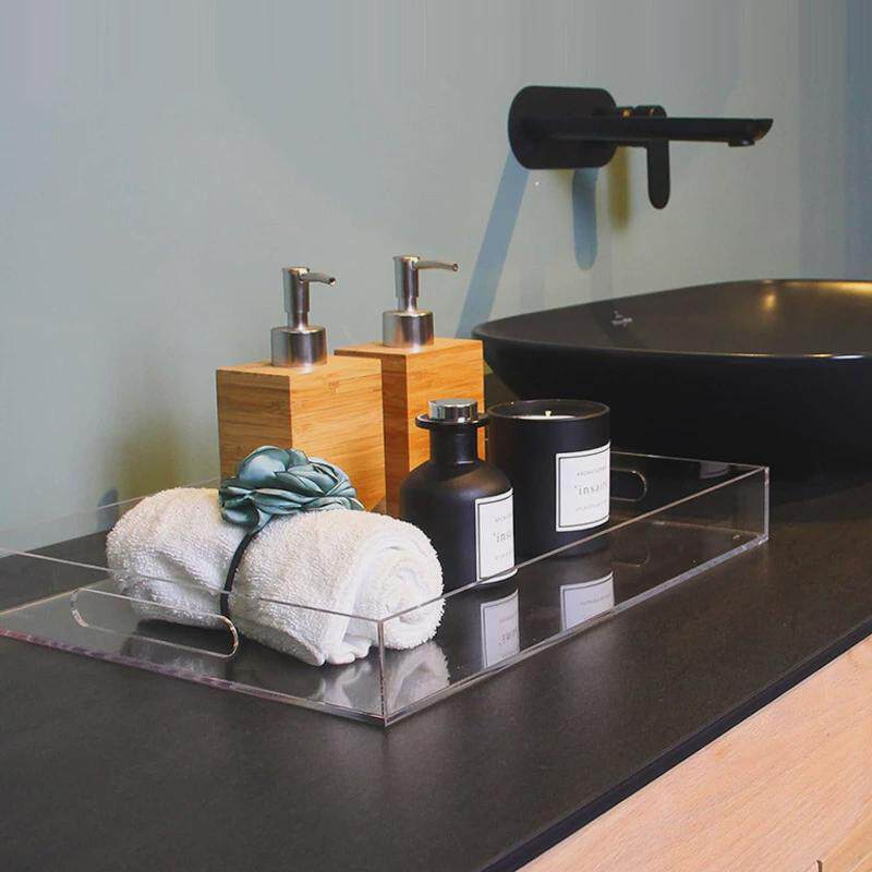 亚克力展示托盘长方形摆餐具展示托盘带手柄收纳盘桌面放盘