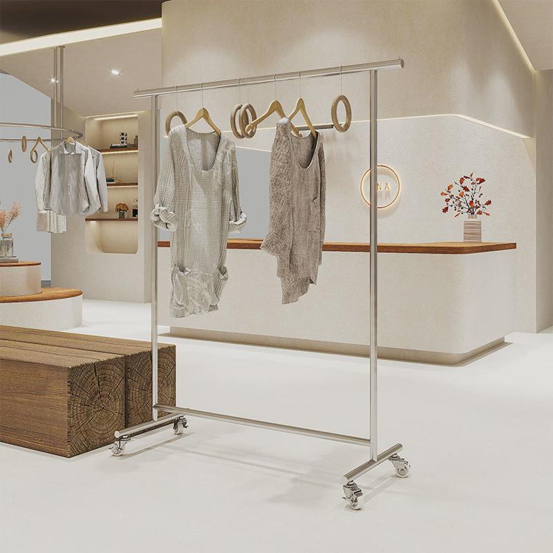 服装店展示架带轮落地不锈钢银色中岛挂衣杆女装店货架网红陈列架