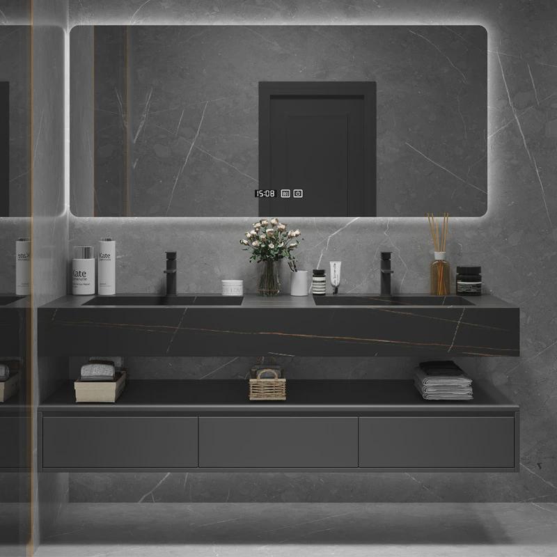 现代简约岩板一体盆浴室柜组合双盆洗手台洗脸池卫生间洗漱台智能