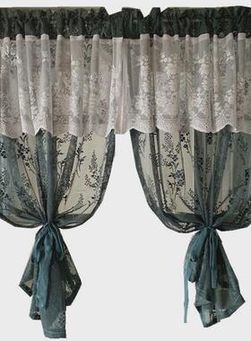 美式窗纱帘飘窗成品窗帘阳台田园复古免打孔韩式碎花墨绿色魔