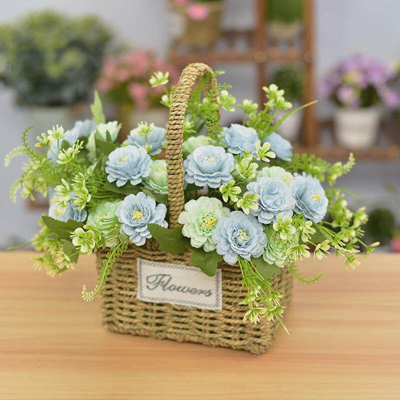 手工草编花篮手提编织篮田园风客厅装饰摆件插花套装假花仿真花篮