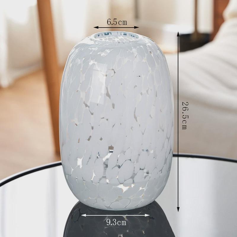 现代高级感大肚圆形玻璃花瓶法式白色雪花纹花瓶家居餐桌插花摆件