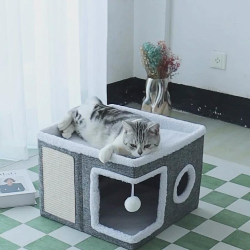 宠物双层猫窝别墅可收纳折叠剑麻猫别墅大号新品猫大房子场景