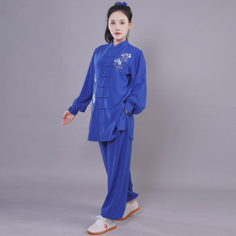 弹力棉绣花太极服女套装练功服团体表演服中长款新款武术服红色