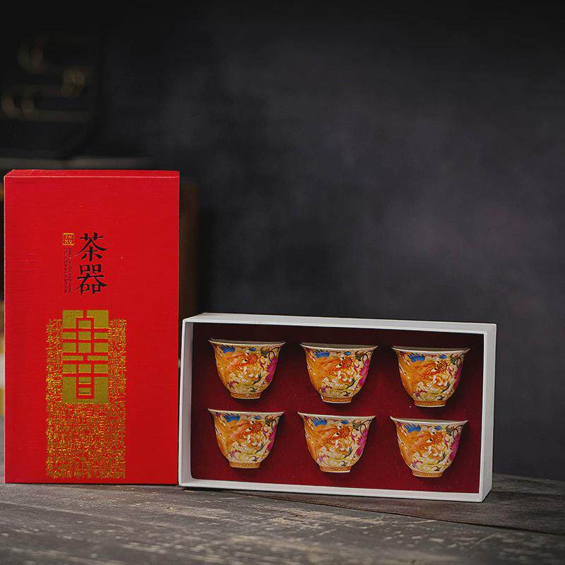 银茶杯龙凤呈祥珐琅彩杯子陶瓷功夫单杯茶杯6杯新年创意礼品茶具