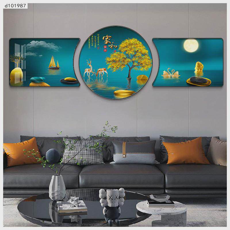 新中式沙发背景墙挂画大气轻奢三联画异形高档现代简约客厅装饰画