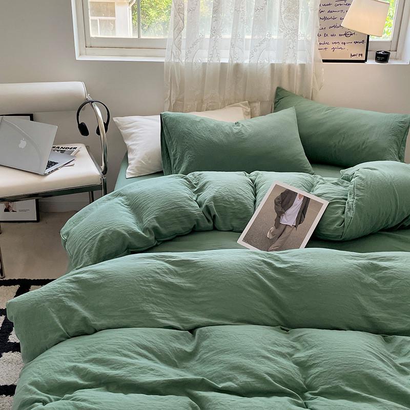 ins风亲水洗棉床上四件套纯色肤磨毛被套床单款宿舍三件套床笠款
