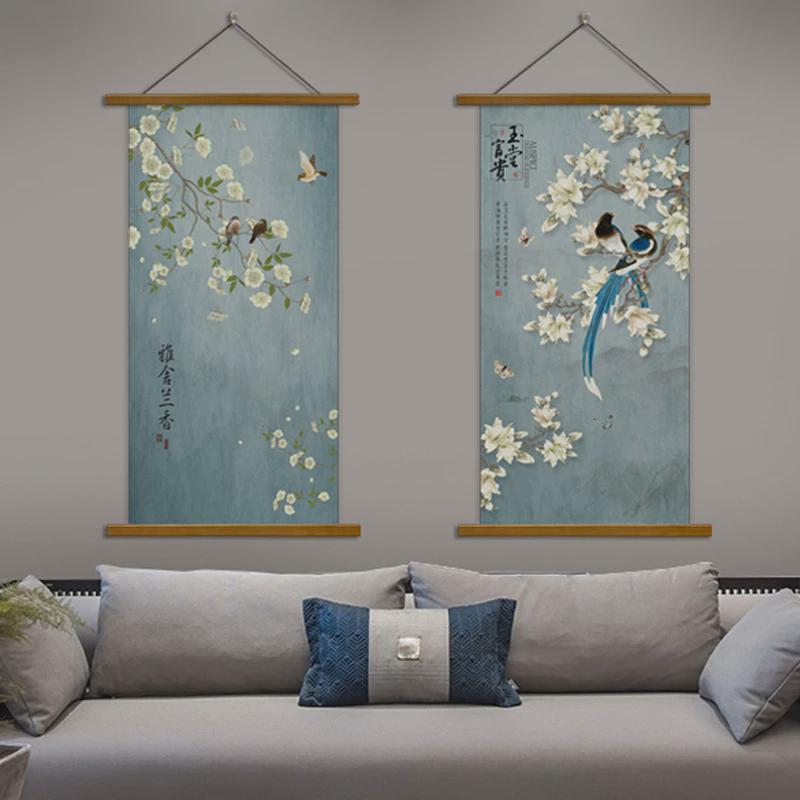 5ZW新中式挂画花鸟喜鹊布艺无框画客厅玄关走廊装饰画竖版风壁画图片