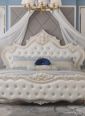 61k3双人床现代简约法式大床主卧1.8m实木框架公主床白色欧式皮床