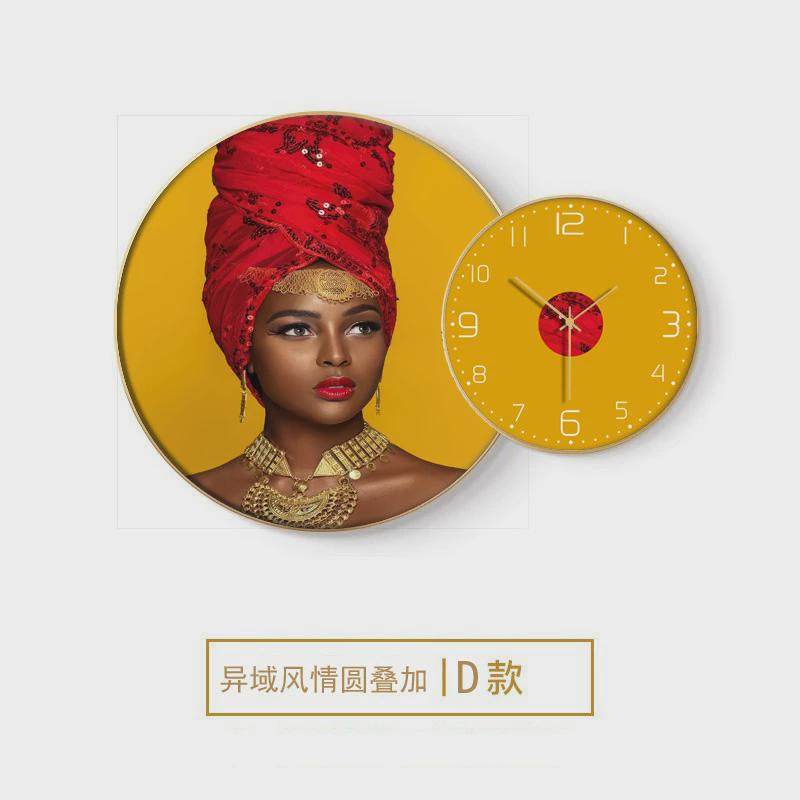 美女风黑人波西米亚挂钟非洲女人钟表画静音时钟客厅挂画装饰画