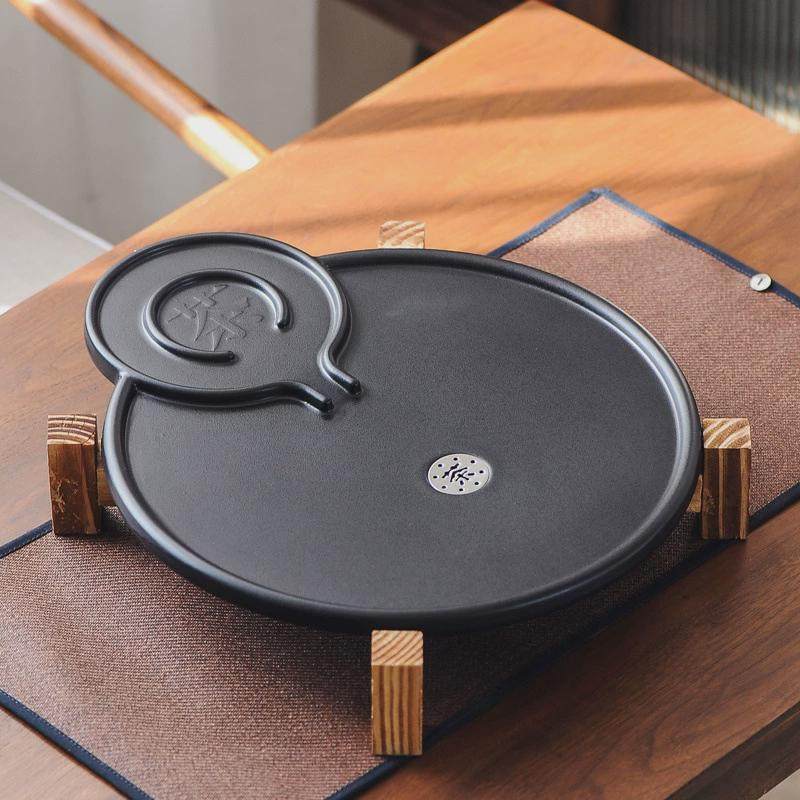 圆形茶盘家用仿石磨茶盘托盘遇热水变色茶具排水密胺茶盘功夫茶具