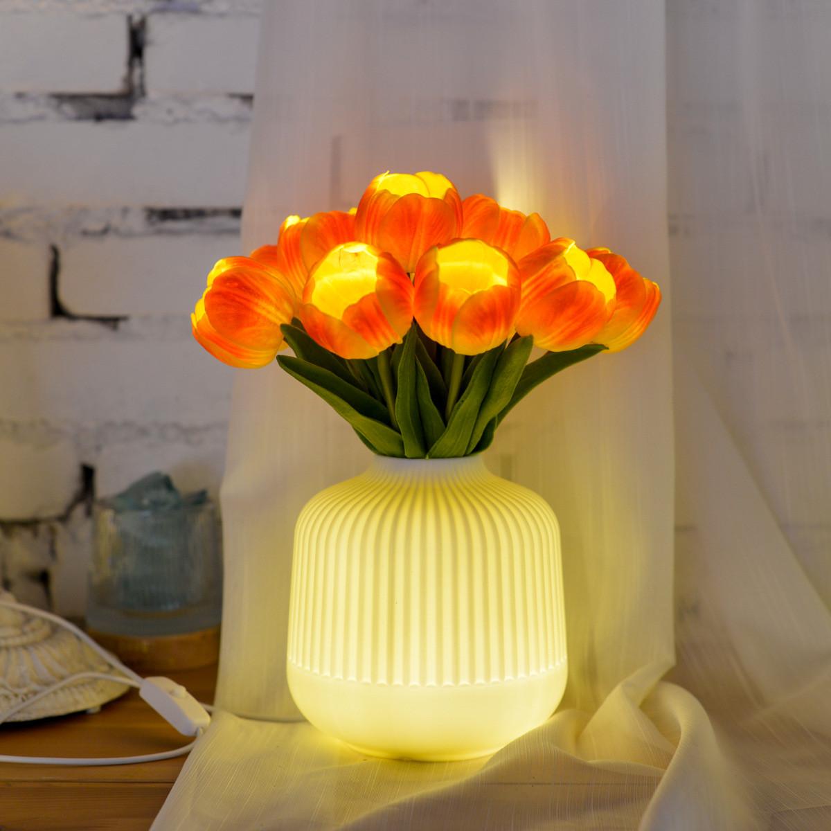 北欧创意氛围带灯郁金香假花家居装饰夜灯酒店桌面仿真花感摆设