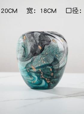 现代蓝色轻奢金砂洒金创意手工玻璃花瓶客厅玄关装饰品花器