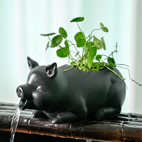 陶瓷小猪流水阳台摆件鱼缸装饰出水口过滤器水培绿植沼泽生态古法