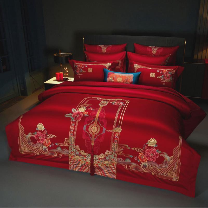婚庆结婚床上用品红色四件套长绒棉花卉刺绣家纺婚房布置陪嫁中式