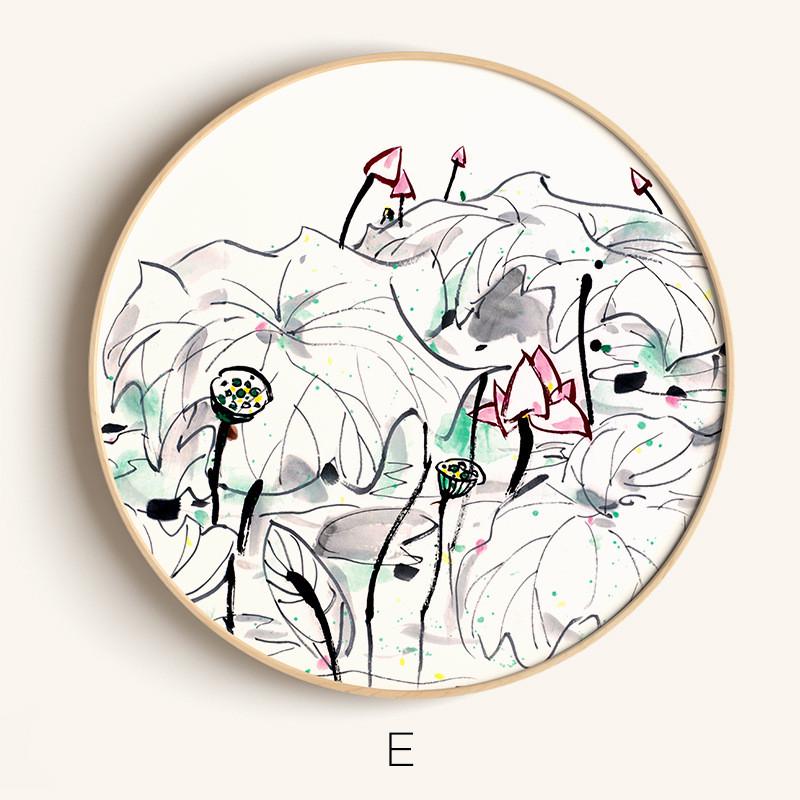 吴冠中新中式客厅装饰画圆形水墨画茶室卧室风景挂画民宿书房壁画