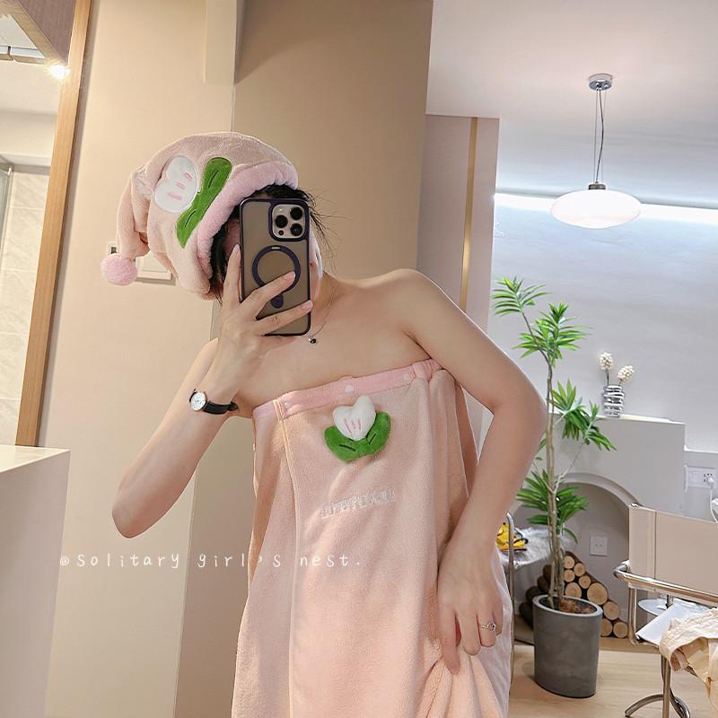 可爱干发帽浴巾珊瑚绒三件套2025新款女毛巾吸水速干浴裙可穿可裹