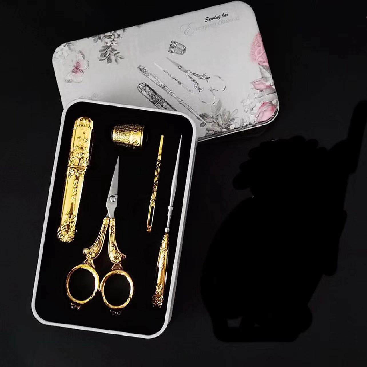 欧式古典复古五件套尖头剪刀组合剪刀套雕花新款剪婚庆嫁妆针线盒
