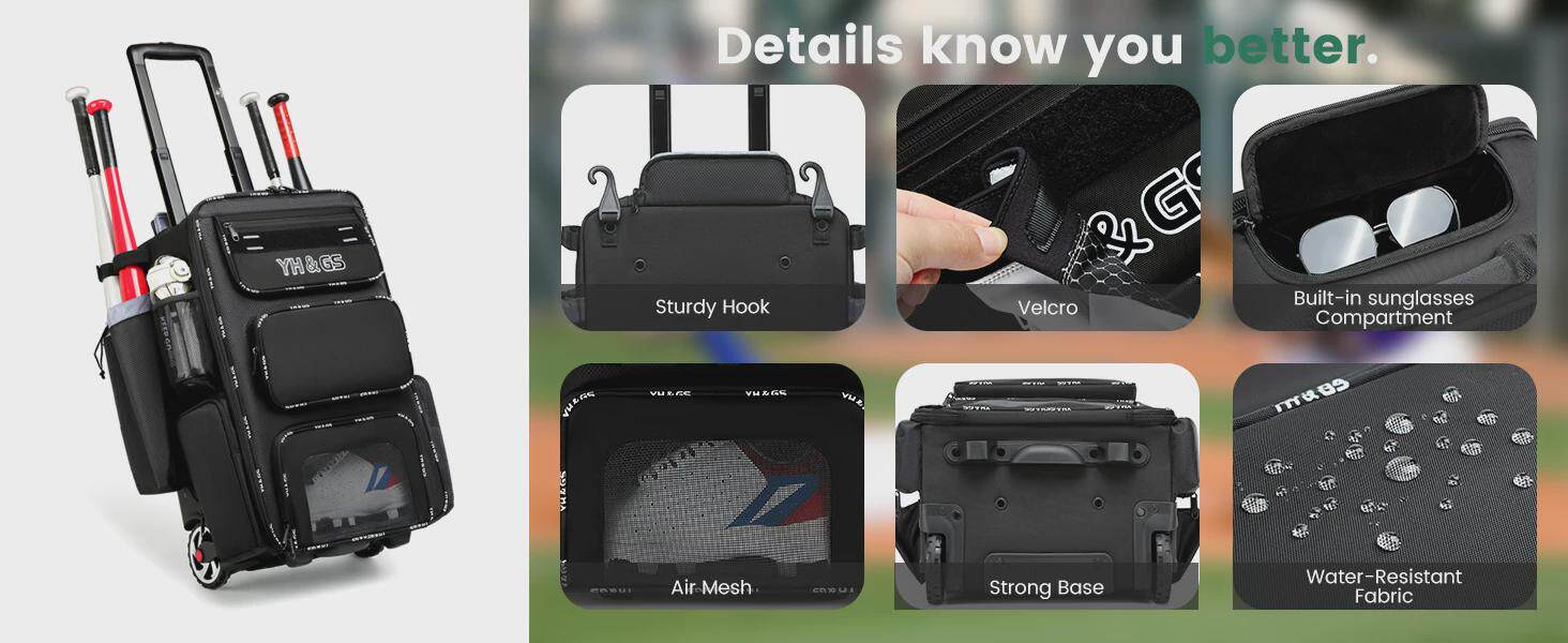 аксессуары для бейсбола 带栅栏钩的轮式垒球袋用于棒球棒和设备带鞋仓的轻型棒球拉杆箱