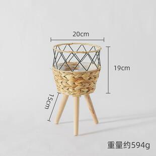 饰绿萝花盆 实木阳台装 北欧风格 藤编草编客厅花篮置物高花架落地式